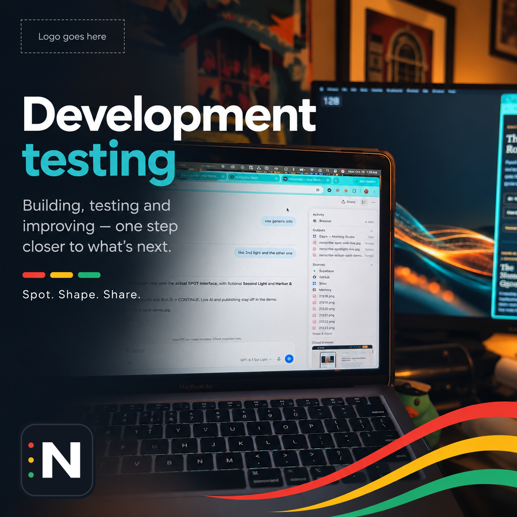 Late-night check of notes and demo screens for Norscribe SPOT — pulling interface text and assets together across a…