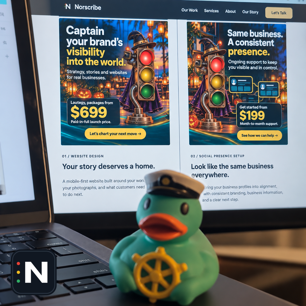 Captain your brand’s visibility into the world.” A little desk mascot and the message we keep in focus: clear websites…